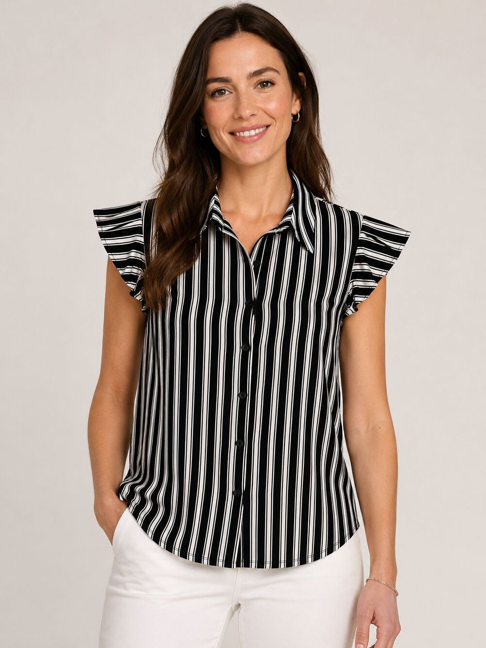 Adrianna Papell Womens S Black White Striped Flutter Sleeve Button Up Top NWT